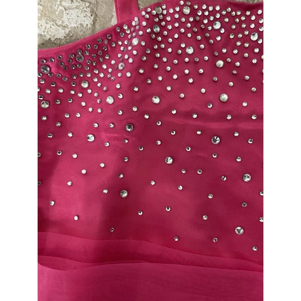 iEFIEL Girls Fuchsia Pink Rhinestone Organza Flower Dress size 10